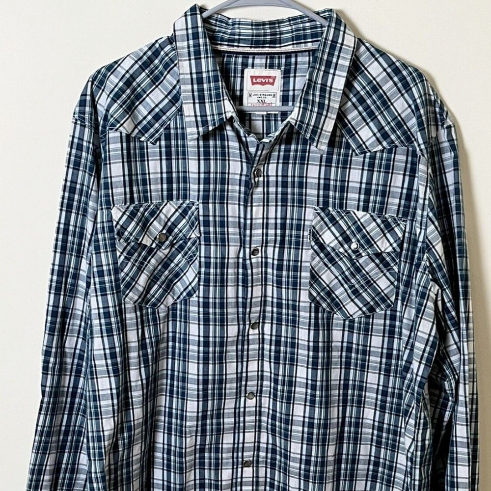 Levi's Men's XXL Shirt - Modern Fit Blue Plaid Long Sleeve Snap Button Up